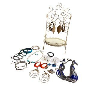 Assorted Jewelry Lot With Earrings Necklaces Bracelets & Display Stand In Mixed